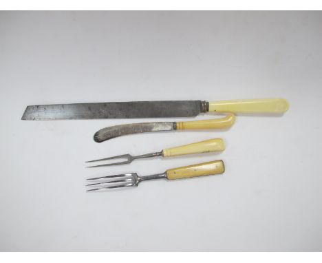 Vintage Cutlery - knife and two prong fork with pistol grip handles with unicorn motifs, one other three prong fork with W &a