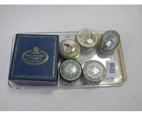 Bilston &amp; Battersea Enamel Trinket Boxes, three of which designed by Halcyon Days. (6)