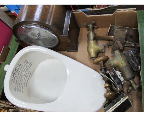 Everite Oak Cased Mantel Clock, with retail name H Samuel, Manchester, slipper bath, vintage brass bath taps door handles.