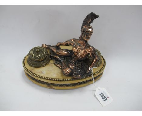 An Early XX Century Oval Double Brass Inkwell, with a bronzed Roman soldier between, marble base with decorative beading, 23c