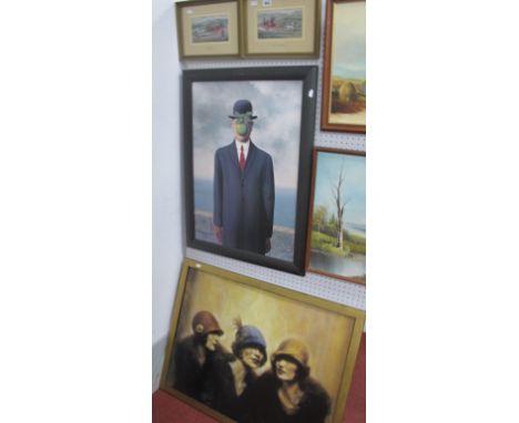 A Salvador Dali Style Framed Print of a Bowler Hatted Man, with an apple in front of his face, plus another print of three ci