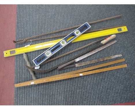 Supaview &amp; Marple Spirit Levels, 2 x 100cm rulers, Ralph Martindale Crocodile tool, elongated knives, etc (9).