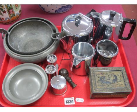 Eik Norway Beaten Bowl, pewter ware, Old Hall condiment set, Swan tea set, seal, Japanese box:- One Tray