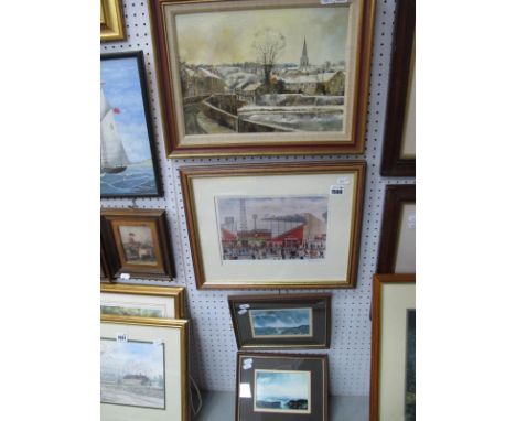 Glyn Robinson, oil on board, Winter at Bakewell, signed bottom right. Terry Gorman signed print of Bramhall Lane, two Ashley 