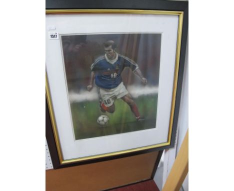 Stephen Doig: Zinedine Zidane, in match action wearing France home strip, pastel artwork, 41 x 36cm, signed lower left.