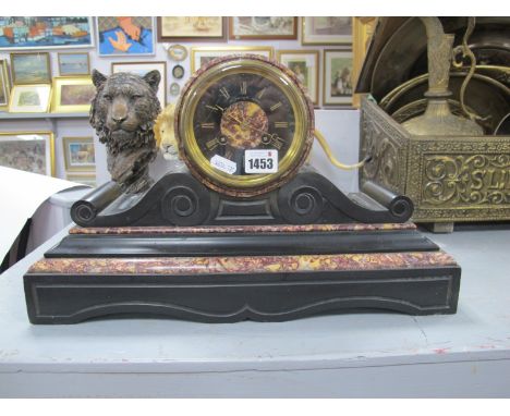 G Wadham, Bath Red Marble & Slate Cased Mantle Clock, with eight day movement, 43.5cm wide.Lot 1453 - drum red marble, dial b