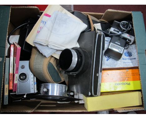 Cameras - Polaroid Automatic 100, Ricoh 500 RF, large lens, photocolour, etc, books, handkerchiefs, etc:- One Box.