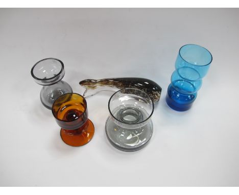Wedgwood Glass Candlesticks, including Ronald Stennett Willson 'Sherringham' amber single ring, mottled fish, etc:- One Tray