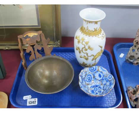 A Japanese Ceramic Vase, with gilt overlay 20.5cm high, inlaid wooden brush stand, Studio lustre bowl, wavy pentagonal bowl.