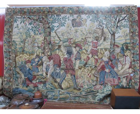 Corot French Tapestry, featuring a busy garden scene, 126 x 170cm. With display bar.