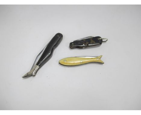 Pocket Knives - small turtle scale knife, blade, button hook etc 5cm - Southern Richardson one blade knife shaped as a fish 6