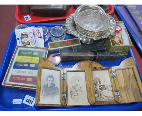 A Folding Photograph Frame Circa 1900, possibly olive wood, razors, silver rimmed salts, Chinese items, etc:- One Tray.