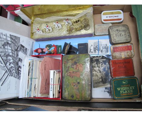 A Mazawattee Tea Tin, six smaller tins, Crescent carriage, National Maritime Museum cards, postcards, Zulu Tribe photographs,