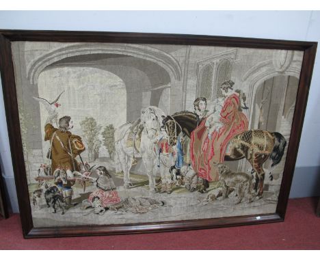 Large Needlework Tapestry, featuring figures, horses and dogs by Archway, 92 x 134cm, framed.