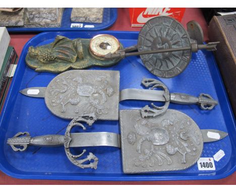 A Pair of Metal Armorials 40.5cm long, sundial, French barometer.