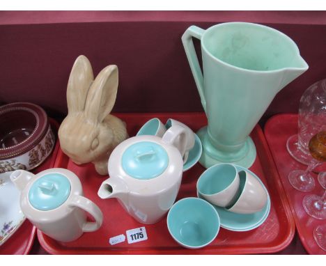 A Poole Pottery Two Tone Coffee Set, a Sylvac style tan rabbit, Goss jug vase (damaged):- One Tray.