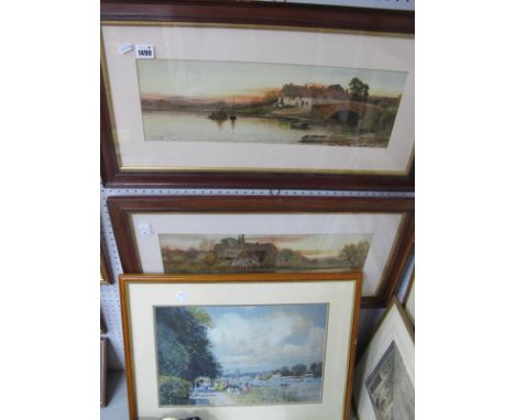 After J. Clifford, Country Cottages with lake to foreground, pair of colour prints, 16 x 51.5cm, Impressionist print. (3).