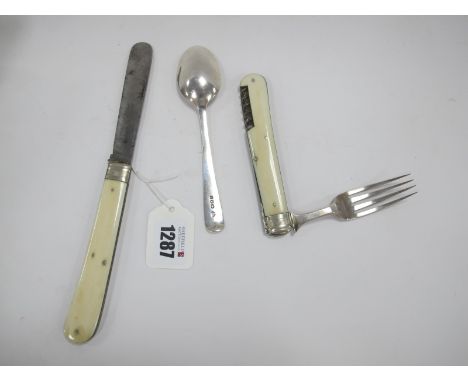 Campaign Part Set, ivory scale knife and fork with silver spoon, knife stamped 'Asprey', nickel silver bolsters and brass lin