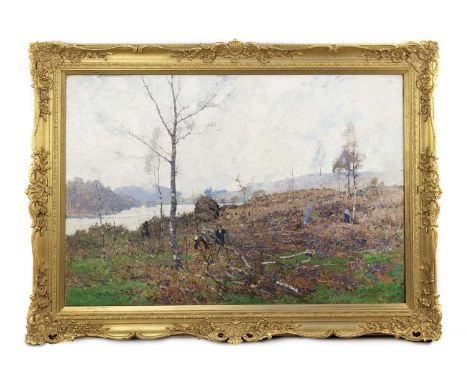 ROBERT MCGOWN COVENTRY RSW ARSA (SCOTTISH 1855 - 1914), THE WOODCUTTERS oil on canvas, signedframedimage 89cm x 130cm, overal