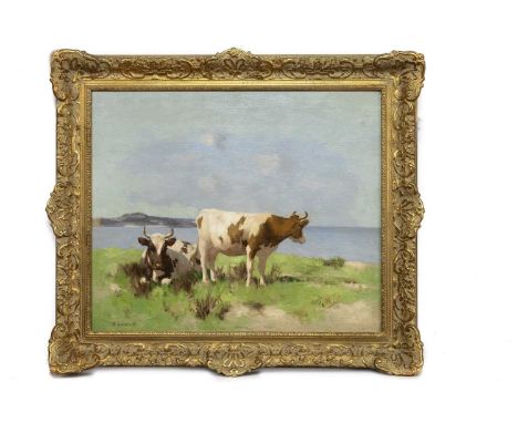DAVID GAULD RSA (SCOTTISH 1865 - 1936), AYRSHIRE CATTLE LOOKING OUT TO SEA oil on canvas, signedframed image size 50cm x 60cm