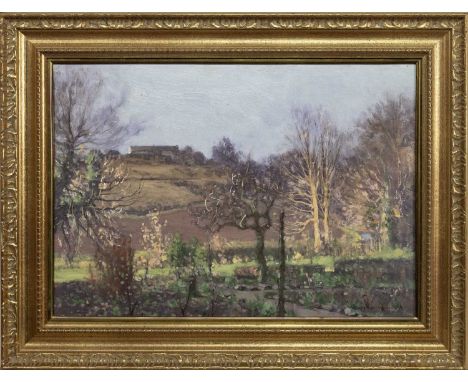 GEORGE HOUSTON RSA RSW (SCOTTISH 1869 - 1947), FROM THE ARTIST'S GARDEN TOWARDS LYNN GLEN, DALRY  oil on board, signedframedi