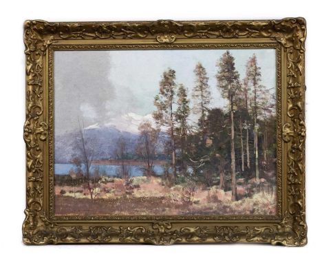 GEORGE HOUSTON RSA RSW (SCOTTISH 1869 - 1947), BEN CRUACHAN AND LOCH AWE oil on canvas, signed, titled label versoframed imag