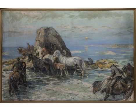 GEORGE SMITH RSA (SCOTTISH 1870 - 1934), HORSES AT THE SEA oil on canvas, signedframedimage size 137cm x 198cm, overall size 