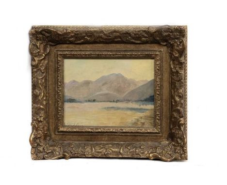 * SIR MUIRHEAD BONE HRSA (SCOTTISH 1876 - 1953), MOUNTAIN LANDSCAPE  oil on board, signedframed image size 17cm x 22cm, overa