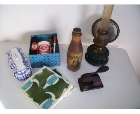 Oil lamp, press, Art Nouveau tiles and other items in one box 