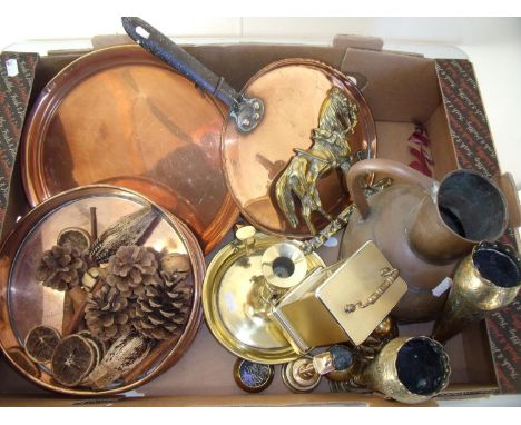 Selection of copper and brassware in one box including 19th C country house style pan lid, brass figure of a horse, Easlacell