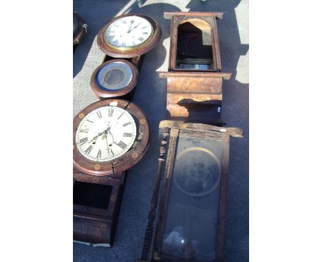 Early 20th C walnut veneered and inlaid drop dial mantel clock by Jerome's, another walnut cased inlaid drop-dial wall clock 