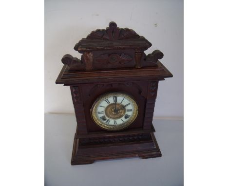 Walnut cased striking mantel clock by Ansonia Clock Co New York USA (45cm high) 