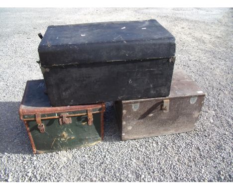 Stained pine tool type box with twin carrying handles, a vintage car luggage box and a canvas &amp; leather bound travelling 