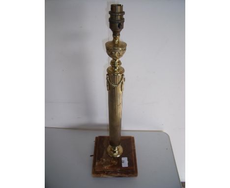 Brass column table lamp with urn shaped finial on stepped square onyx base (57cm high) 