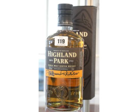Highland Park single malt scotch whisky aged 12 years (70cl) signed by Margaret Thatcher (Over 18s only) (Sold on behalf of B