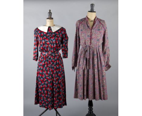 A 1960s pale beige silk shift dress with matching jacket; together with a Frederick Howard blue floral maxi-dress, a late 197