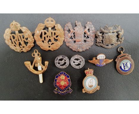 SELECTION OF CAP BADGEScomprising WWI Canadian 3rd Pioneer Battalion CEF badge, a pair of WWII Royal Air Force badge, a Sherw
