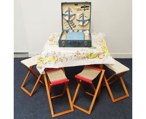 SELECTION OF PICNIC ACCESSORIES comprising a vintage fold-up table with four chairs, contained within a wooden carry case wit