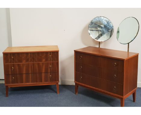 MID CENTURY DRESSING CHEST WITH PAIR OF  CIRCULAR MIRRORSthe mirrors with bevel edge on adjustable stands, the three drawers 