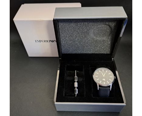 EMPORIO ARMANI MEN'S WATCHwith black dial and black leather strap, with Emporio Armani bracelet in box
