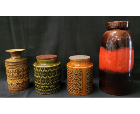 SELECTION OF VINTAGE POTTERY JARS comprising a large mid century west german fat lava jar, in dark brown and red colouring, 3