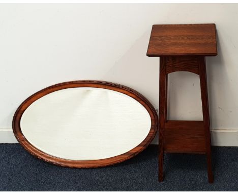 OAK PLANT STANDwith square top and plain supports united by an undertier, 69cm high; together with a mahogany framed oval wal