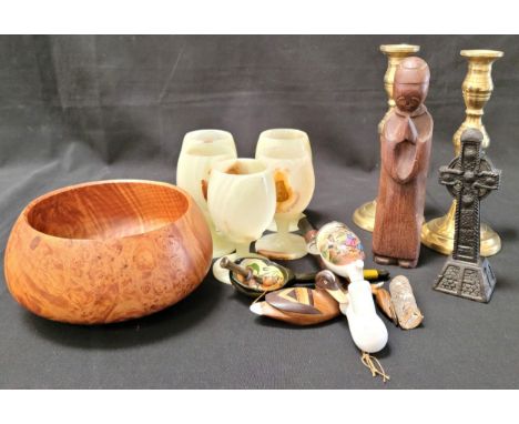 ASSORTMENT OF COLLECTIBLESincluding a Canadian Burr Walnut turned bowl, pair of brass candlesticks, a Celtic wooden cross, ca