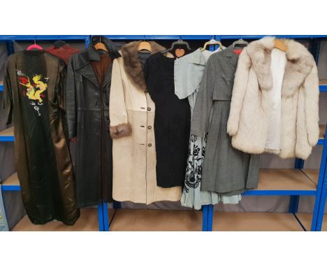 ASSORTMENT OF VINTAGE CLOTHINGincluding full length ladies black leather jacket with belt (size 16), vintage fur coat, silk k