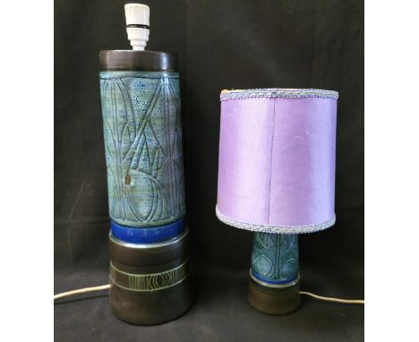 GRADUATED PAIR OF RETRO LAMP BASESby Celtic Pottery Newlyn Cornwall, with incised motif decoration on a mottled blue ground, 