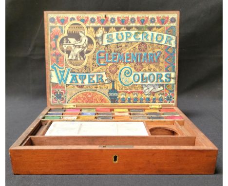 VICTORIAN REEVES & SON WATERCOLOUR SETin Mahogany box, with ceramic palette stamped Reeves & Son on the reverse, various colo