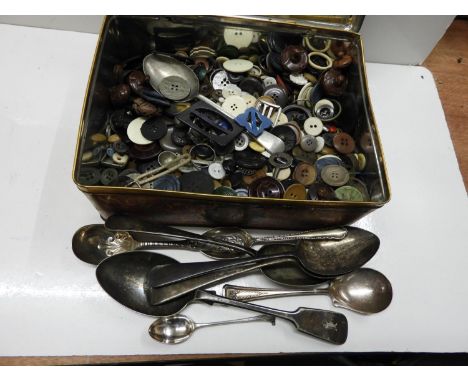Vintage Tin and Contents - Buttons and Vintage Cutlery 