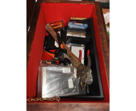 Wooden Storage Box and Contents - Tools and Cassette Tapes 