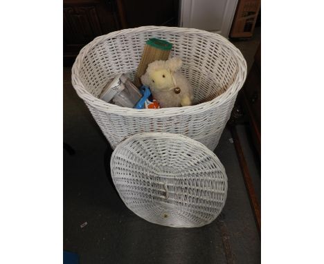 Painted Wicker Laundry Hamper and Contents - Soft Toys 