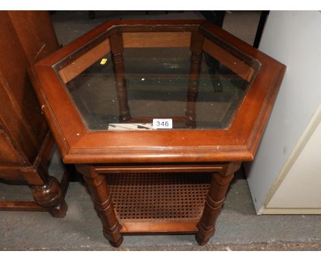 Hexagonal Glass Top Table with Cane Shelf under 